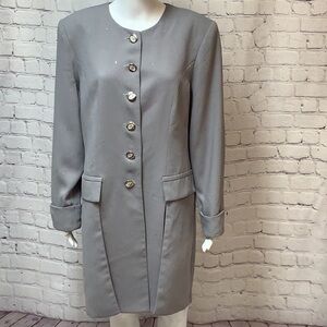Vtg Carissimo Silver Gray Crepe Rhinestone Embellished Long Blazer Jacket Sz 14